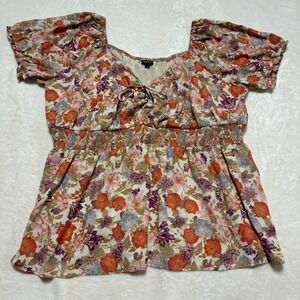 Torrid Womens 5 Georgette Eyelet Smocked Waist Puff Sleeve Top Blouse 5X‎ Floral